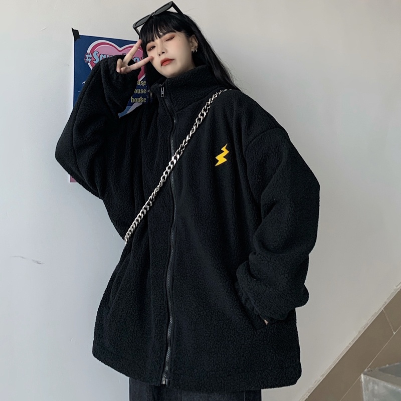 Áo khoác nữ from rộng, áo khoác lông cừu ulzzang nữ cổ đứng với 2 màu đen trắng mặ đi chơi đi làm đi học
