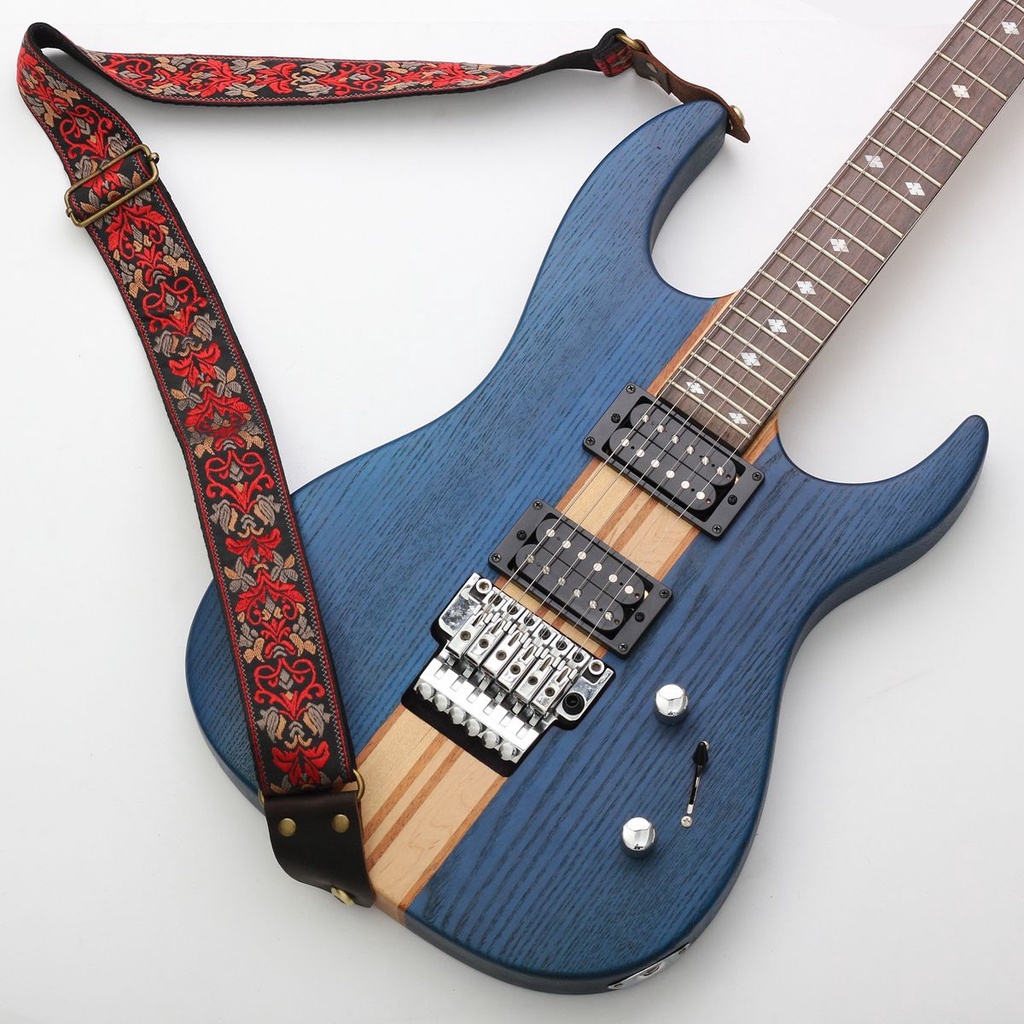 Dây Đeo Đàn Guitar Bass Bằng Vải Dệt Phối Da Thật Thêu Hoa Sọc Đỏ Đen Phong Cách Bohemia