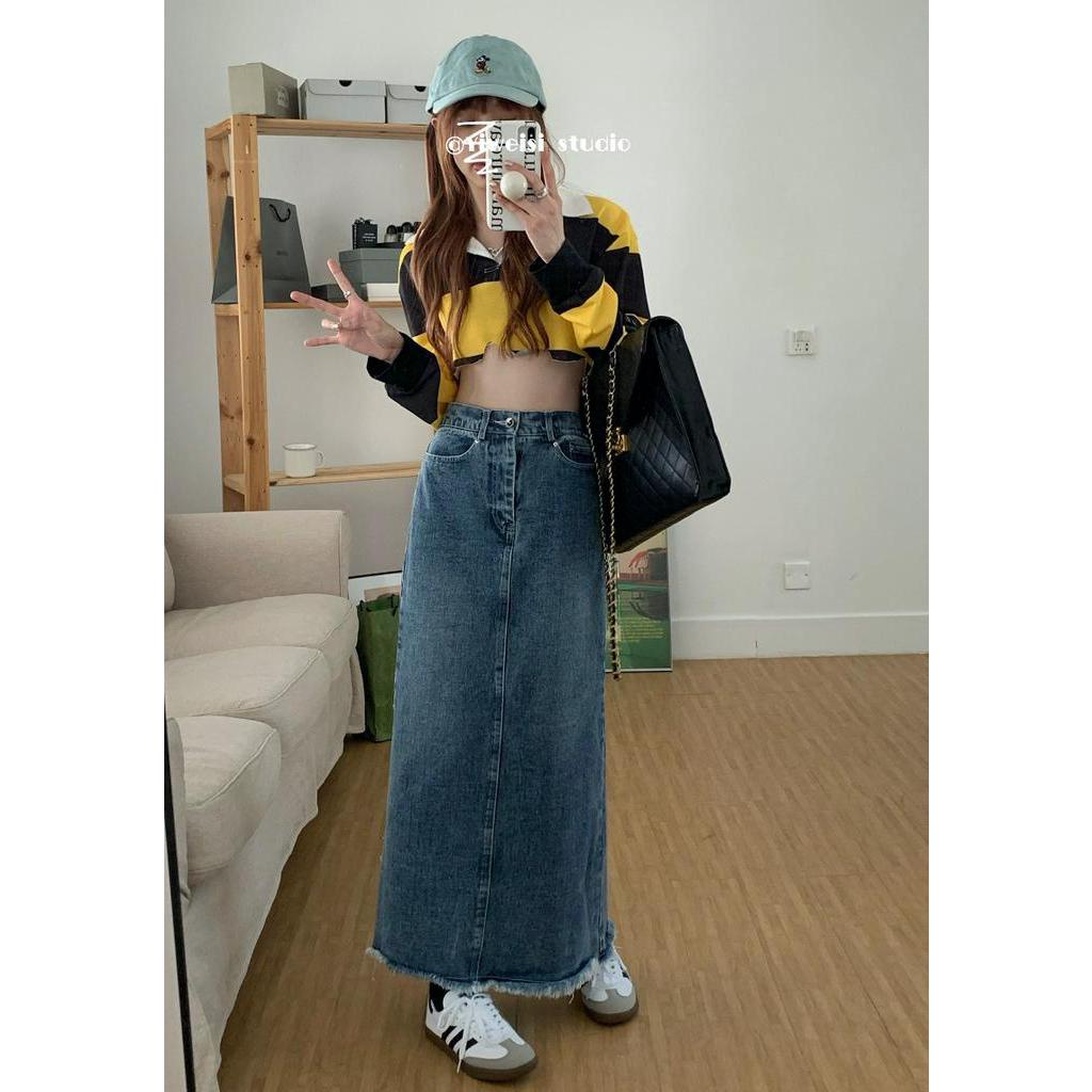 Chân Váy Denim Dài Xẻ Tà Dáng Rộng Thời Trang Mùa Hè Phong Cách Retro 63105