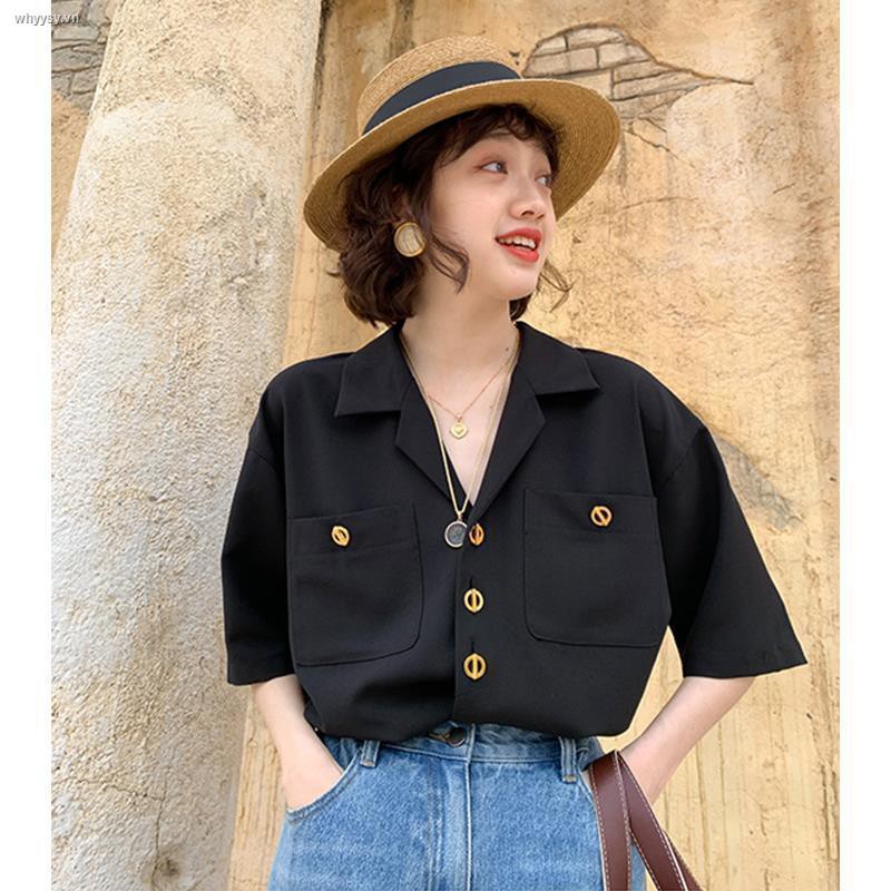 Áo Sơ Mi Chiffon Tay Ngắn Cổ Chữ V Màu Đen Thời Trang Mùa Hè Phong Cách Pháp Cổ Điển Cho Nữ