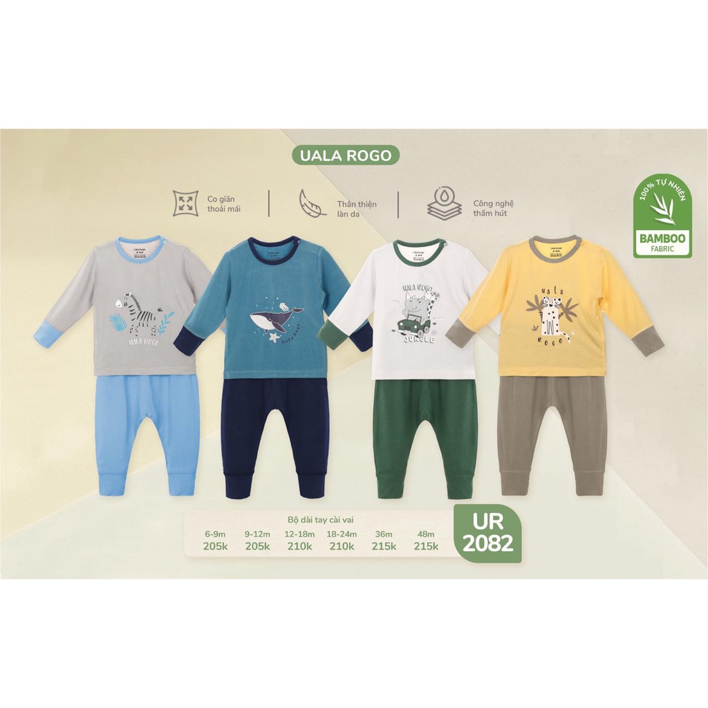 Bộ Uala Rogo dài tay Bamboo cao cấp mềm mịn thoáng mát thấm hút tốt in động vật mới cho bé trai bé gái 2082