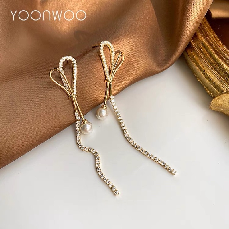 bông tai tua rua dài đính đá sang chảnh, khuyên tai đá dài phong cách hàn quốc