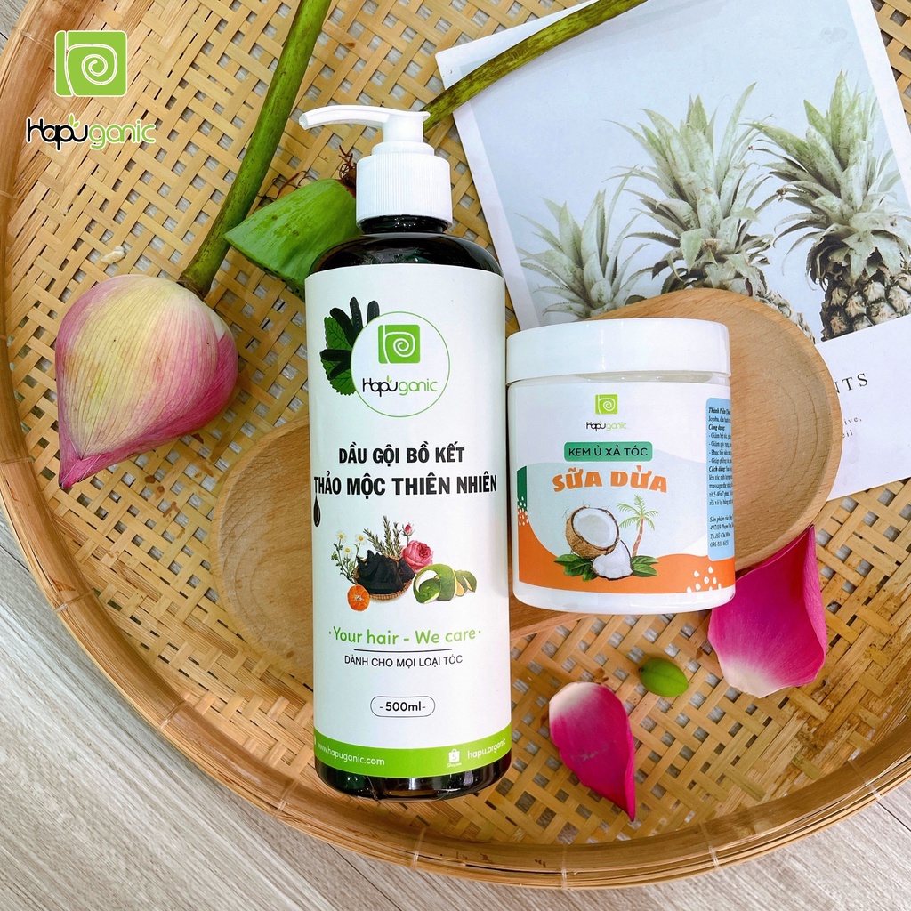 Combo Dầu Gội Bồ Kết và Ủ Xả Tóc HaPu Organic mềm mượt, giảm rụng