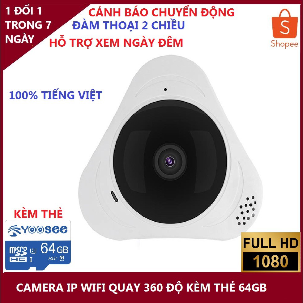 camera wifi yoose ốp trần siêu nhỏ gọn quay toàn cảnh 360 độ KÈM THẺ 64GB - 1080P - xem đêm sắc nét  .