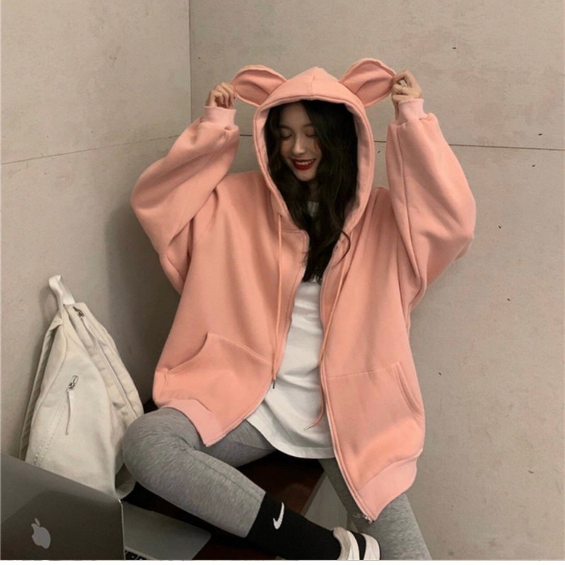 Áo hoodie trơn tai gấu Áo khoác nỉ basic phong cách ulzzang dễ thương | WebRaoVat - webraovat.net.vn