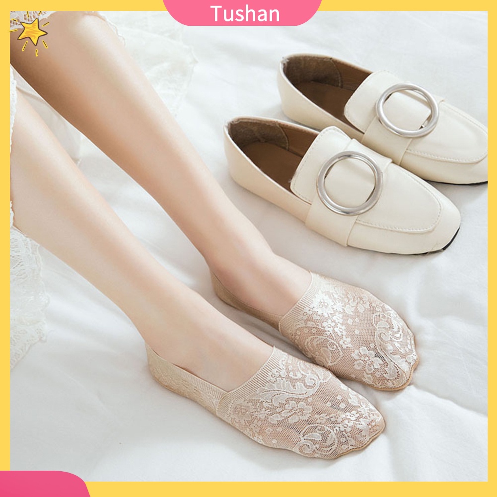 TUSH Women Solid Color Antiskid Invisible Lace Flower Low Cut Short Ankle Boat Socks