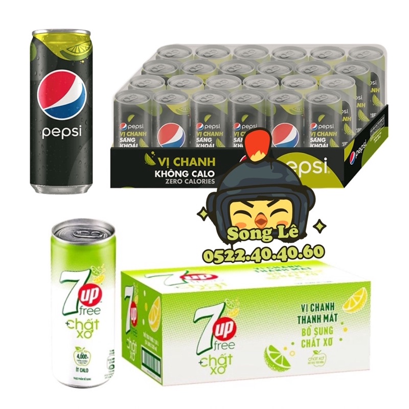 (Thùng 24 lon) DateT2-6/2024 Mix Pepsi Chanh Ko Calo + 7Up xơ Ít Calo (Lon 320ml)