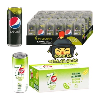 (Thùng 24 lon) DateT2-7-8/2024 Mix Pepsi Chanh Ko Calo + 7Up xơ Ít Calo (Lon 320ml)