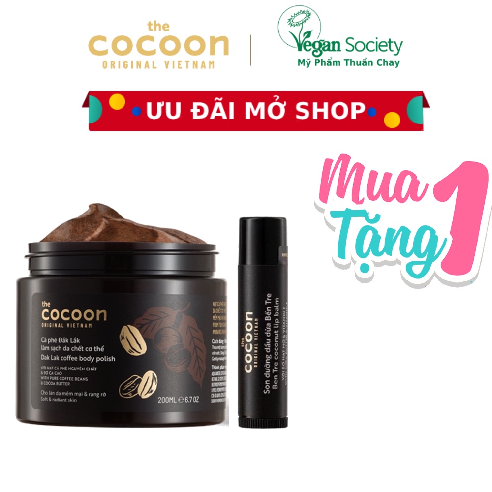 Tẩy da chết cơ thể cà phê Đắk Lắk Cocoon cho làn da mềm mại và rạng rỡ 200ml Coffee Body Polish - Vegan Society