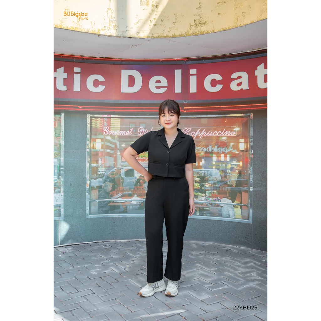 Set áo cổ bẻ dáng ngắn + Quần ống rộng BIGSIZE (55kg đến 95kg) - 22YBD25 - [BU Bigsize Young]