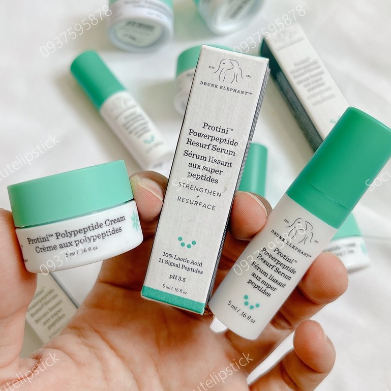 Mini 5ml - Tinh Chất + Kem Dưỡng chống lão hoá Drunk Elephant Protini Powerpeptide Resurf Serum &amp; Kem Drunk Protini