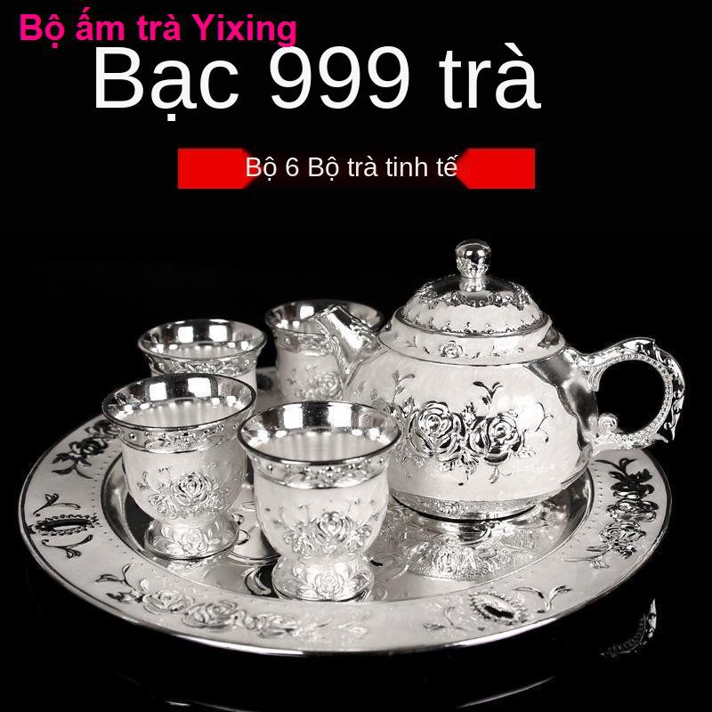 Baifu 999 Bộ trà bạc Sterling đồ Trung Quốc 1 khay nồi 4 chén châu Âu để làm quà tặng