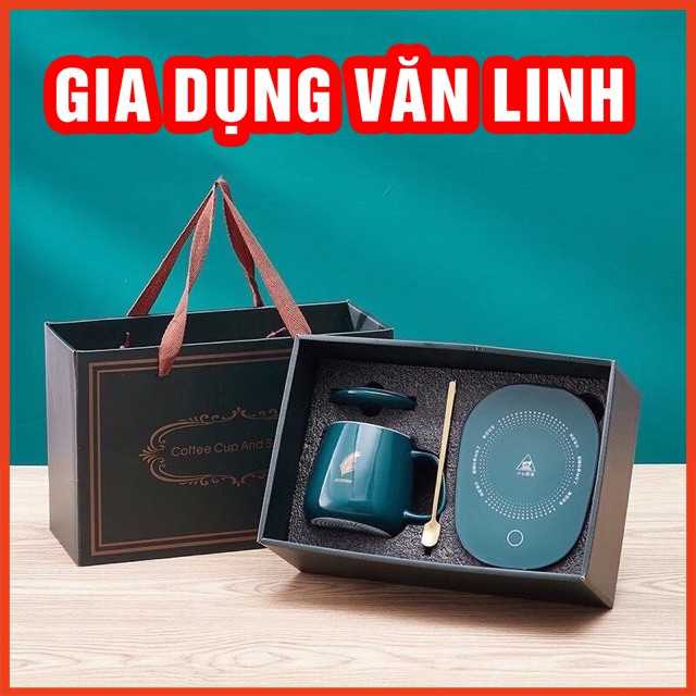 Cốc uống trà cafe kèm đế hâm nóng và thìa mạ vàng