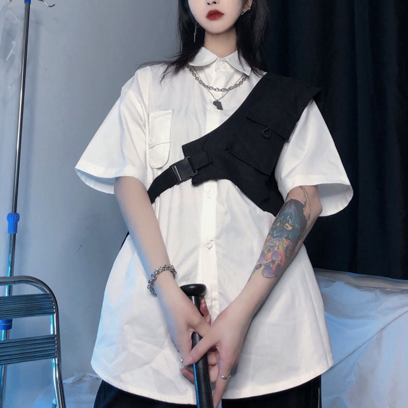 Áo sơ mi trắng tay ngắn/ Áo khoác ngoài màu đen thiết kế cá tính cho nữ