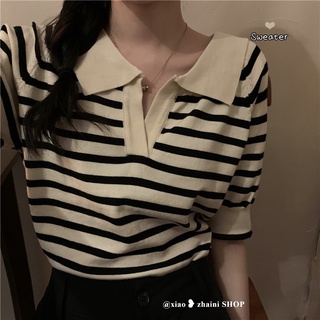 Áo thun polo nữ dệt kim sọc ngang - taobao có sẵn