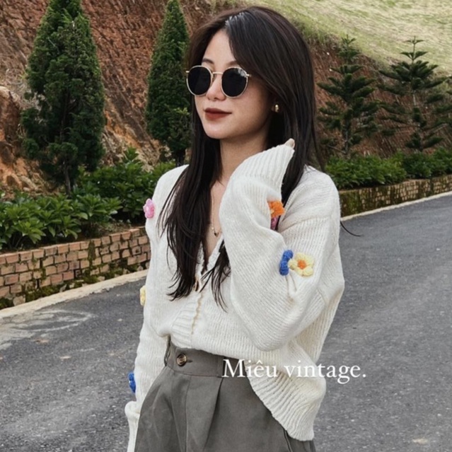 Áo khoác cardigan nữ ullzzang vải len dệt kim cao cấp phối hoa Bingshop