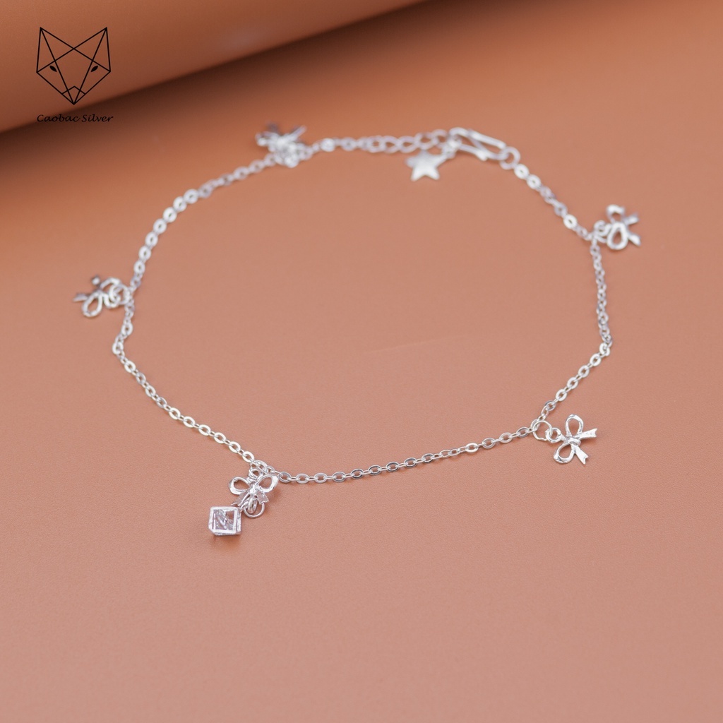 Lắc Chân Bạc Ta CAOBAC JEWELLERY Cho Nữ Hoạ Tiết Charm Nơ Đính Đá Lấp Lánh