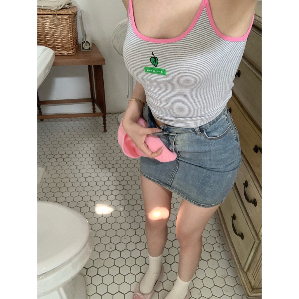 Porozi  Áo croptop  hai dây họa tiết kẻ sọc 4 màu sắc tùy chọn tương phản phong cách Hàn Quốc thời trang dành cho nữ