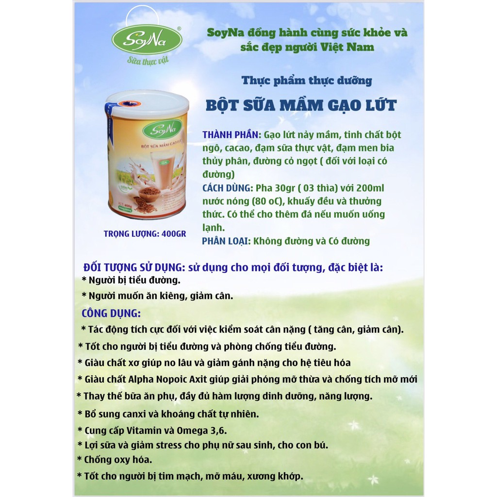 Bột Sữa Mầm Gạo Lứt Soyna Không Đường 400g, dành cho người già, giảm cân, tiểu đường, mỡ máu