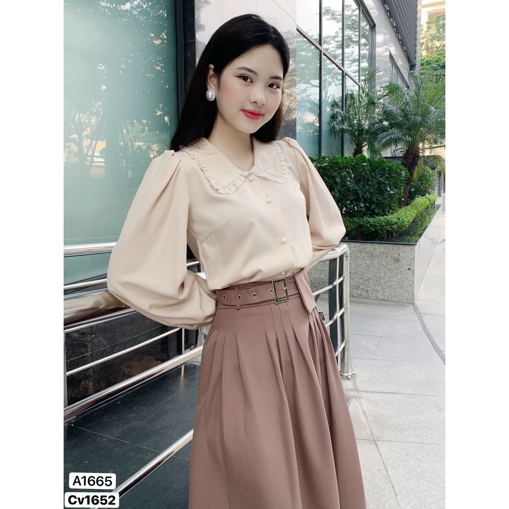 Áo sơ mi be tây cổ tròn lá V1665 - DVC Dolce Viva Colection Authentic (Kèm ảnh thật trải sàn do shop tự chụp)