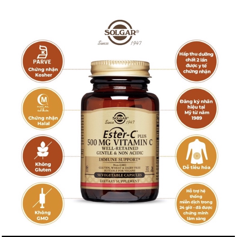 Solgar Ester-C Plus 500 mg Vitamin C nhập USA