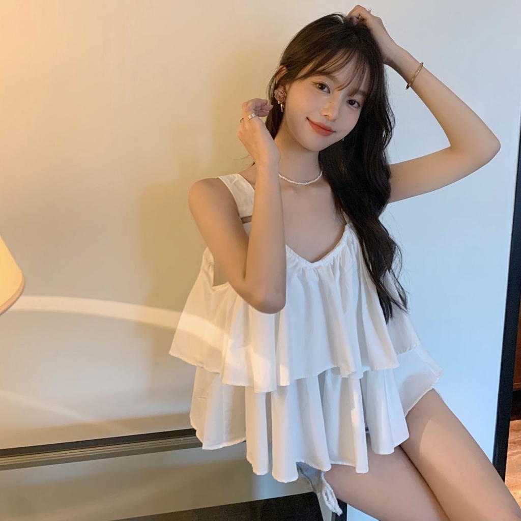 Áo 2 dây phối bèo cổ chữ U dáng ngắn cho nữ
