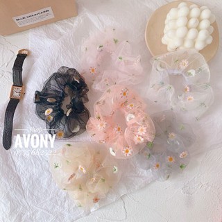 Cột tóc vải Scrunchie thêu hoa cúc và lá