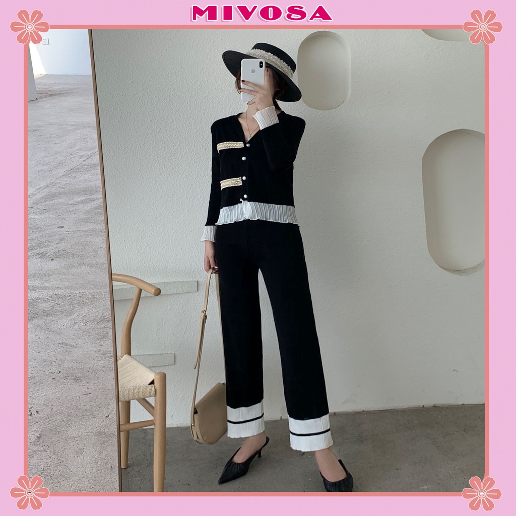 Set bộ len nữ ren viền bèo tiểu thư đồ bộ nữ len tăm dài tay cúc ngọc MIVOSA SR001