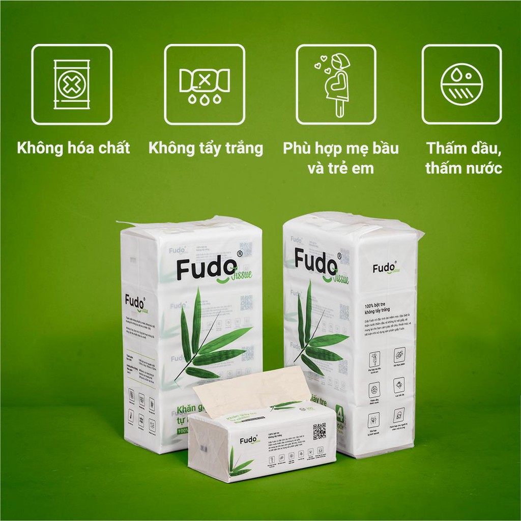 Giấy ăn FUDO 100% bột tre nguyên chất, không tạo mùi, không tẩy trắng 8 gói