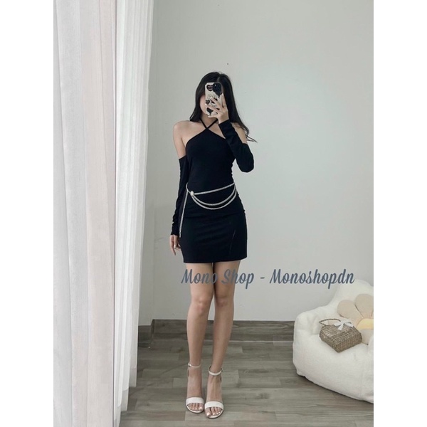 ĐẦM BODY ĐEN CỔ YẾM RỚT VAI TAY DÀI KTGIMI ( Kèm ảnh thật)