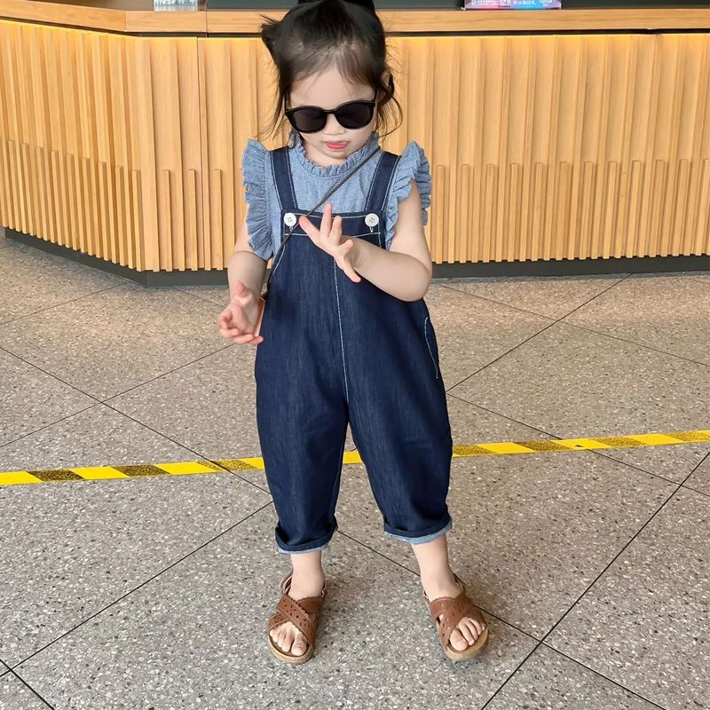 Quần Yếm Denim Ngắn Dáng Rộng Phong Cách Hàn Quốc Thời Trang Mùa Hè Cho Bé Gái