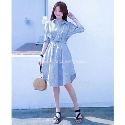 X2 váy sơ mi sọc tà tròn Đầm công sở thắt dây eo tôn dáng