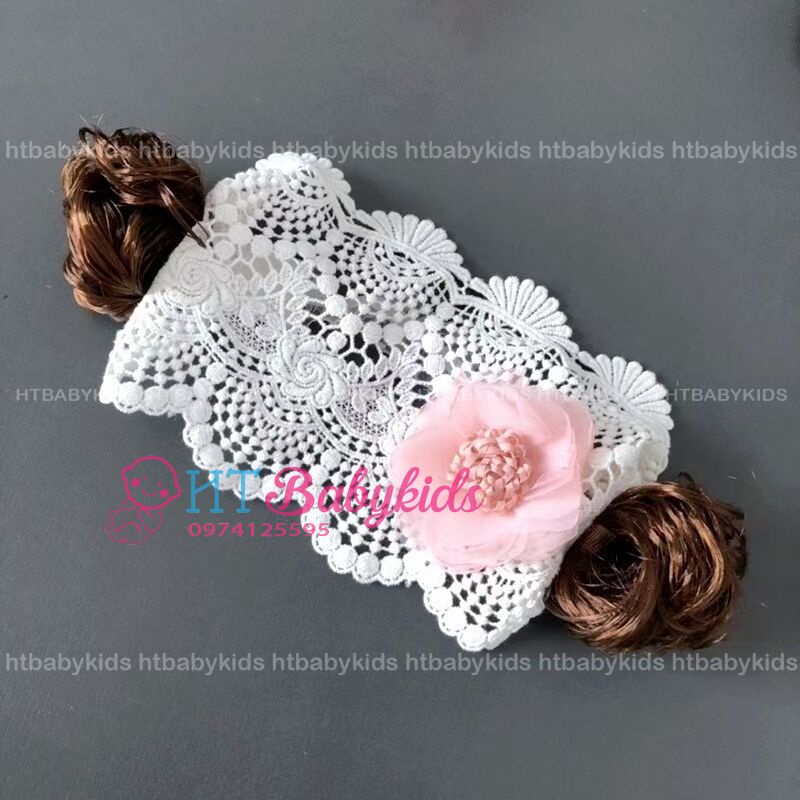 Băng Đô Tóc Giả Ren Hồng Hoa Cho Bé Sơ Sinh Đầy Tháng Thôi Nôi