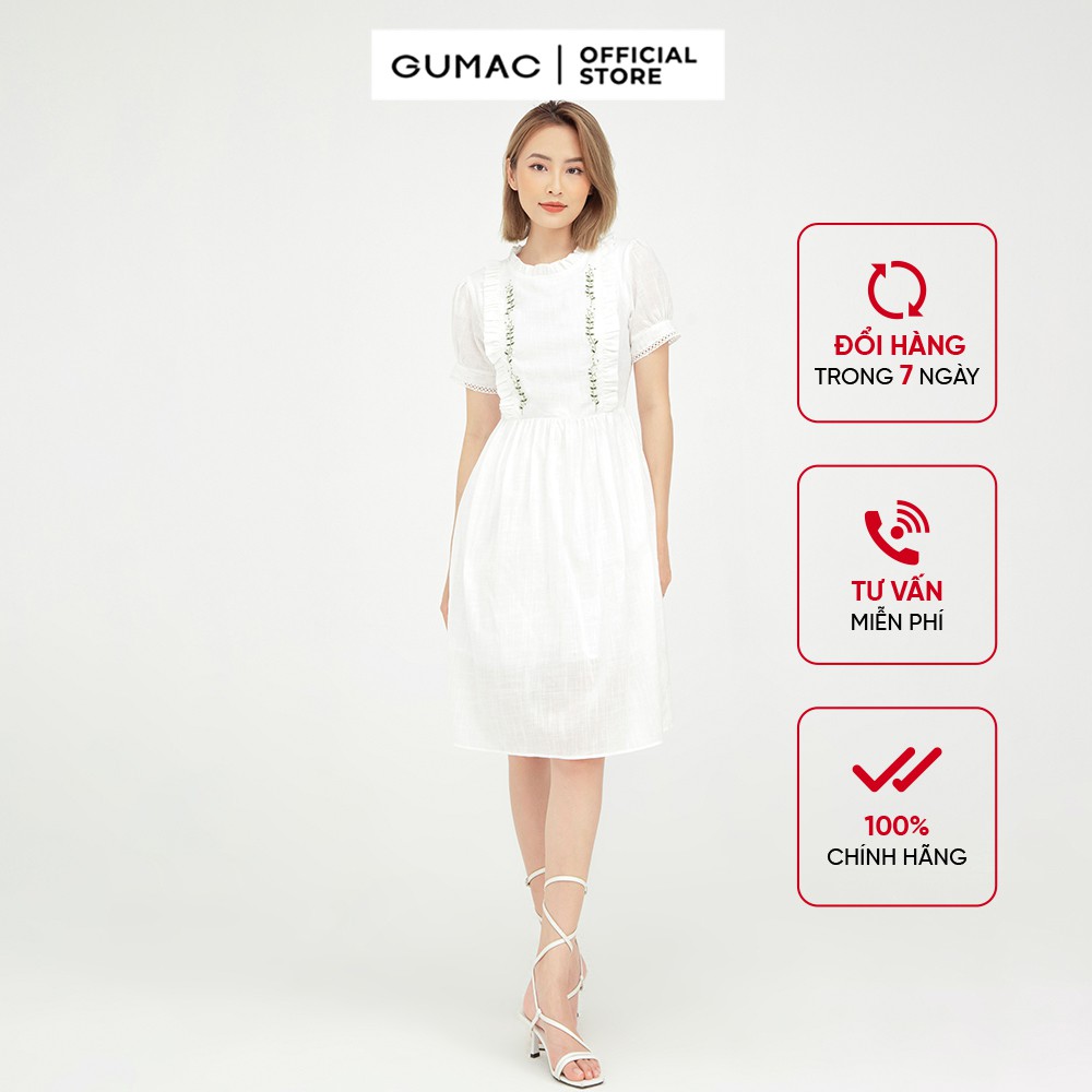 [Mã MABR07062 giảm 8% tối đa 50K đơn từ 249K] Đầm nữ babydoll thêu GUMAC cổ phối bèo dễ thương DB515