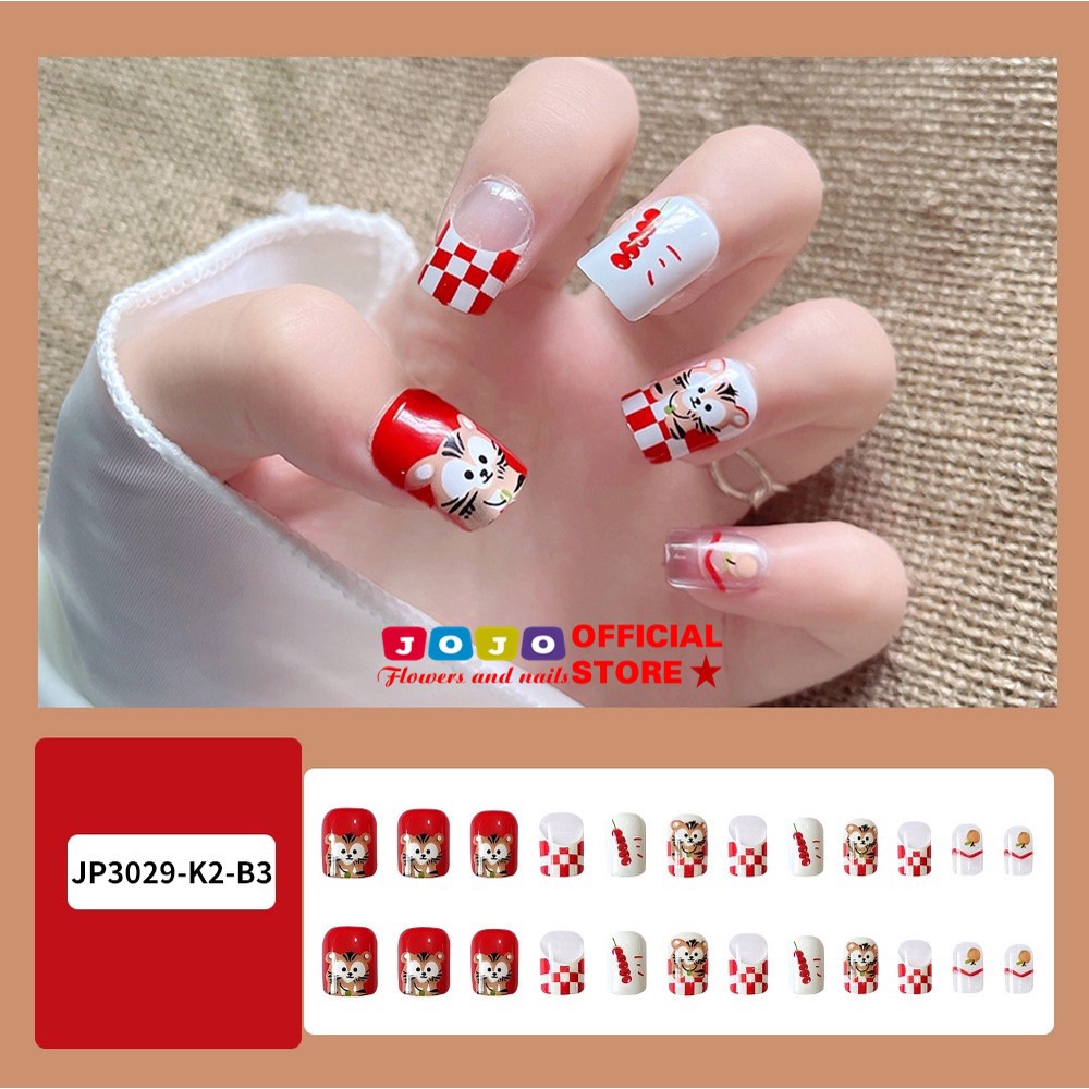 Set 24 móng tay giả, false nail JP3029-K2 họa tiết 3D, teen, lạ, màu đỏ son