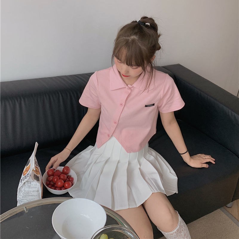 Ready Stock Pink Polo Collar T-Shirt Women + Pleated Skirt Set Short Summer Navel Slim and Thin Hong Kong Short Sleeve Top