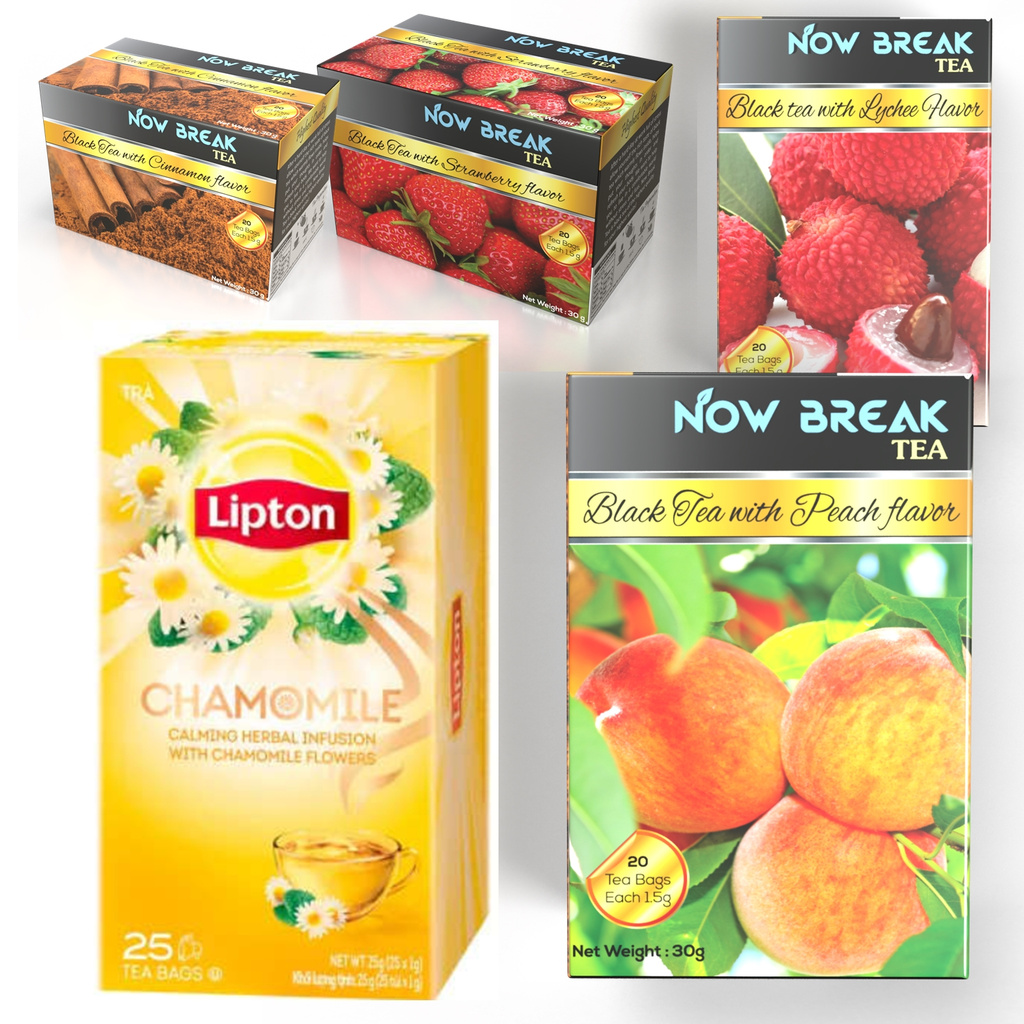 Trà Hoa Cúc Lipton 50G (25 Gói x 2G) + 04 hộp trà túi lọc Now Break Tea (20 gói x VẢI, DÂU TÂY, ĐÀO, QUẾ)