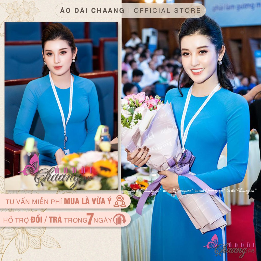 Áo dài xanh thiên thanh niên Chaang May sẵn vải áo dài lụa truyền thống cổ tròn đoàn viên đẹp
