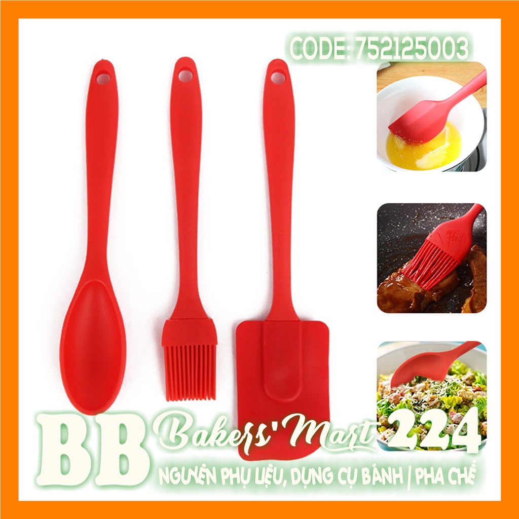 ĐỎ - Combo bộ 3 dụng cụ silicone nhỏ ĐỎ: 01 vét spatula nhỏ, 01 muỗng, 1 chổi quét | GIAO MÀU NGẪU NHIÊN