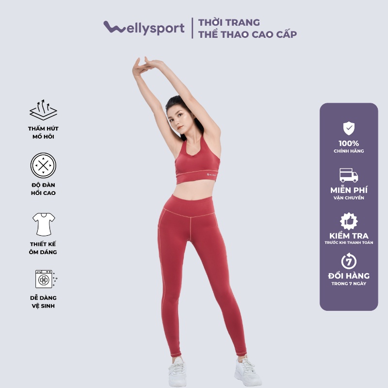 Bộ đồ tập Yoga, Gym Welly Sport, áo bra 2 dây kèm mút đệm siêu nâng ngực, màu đỏ gạch mã mã BTN02