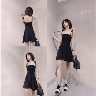 Đầm/Váy 2 Dây Thắt Nơ Vai - Chun Lưng (ĐEN)-Chất liệu voan mịn Mẫu mới 2020
