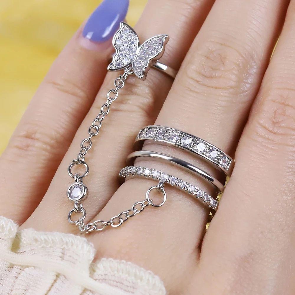 ORIENTLII Nhẫn Hình Bướm Nhiều Lớp Màu Bạc Thời Trang Harajuku