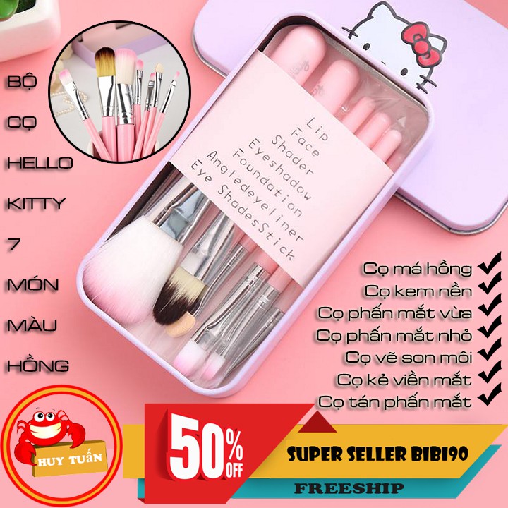 Bộ cọ trang điểm hello kitty 7 món màu hồng kèm hộp đựng