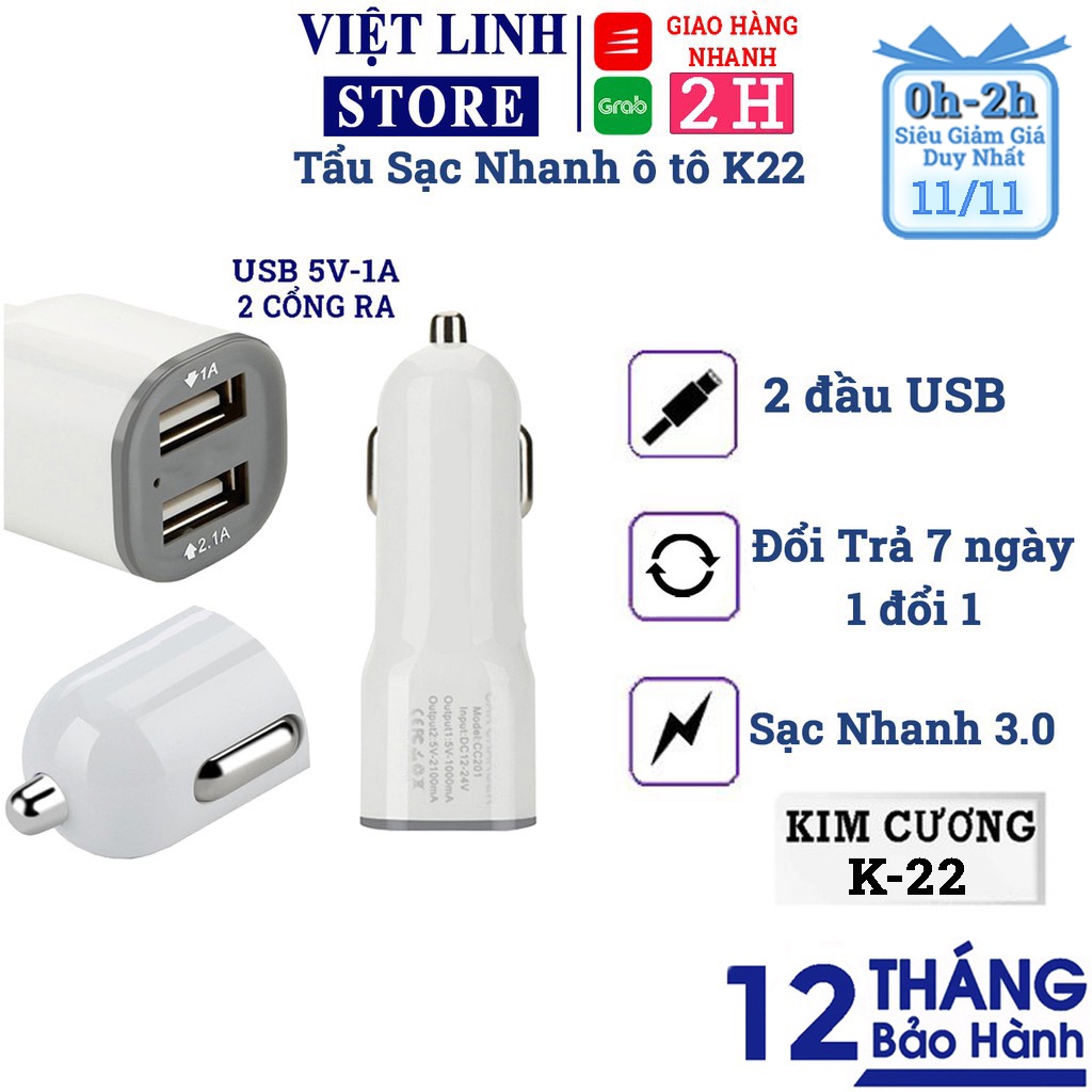 Tẩu sạc nhanh ô tô chính hãng kim cương K22, 2 cổng ,sạc nhanh - Việt Linh Store