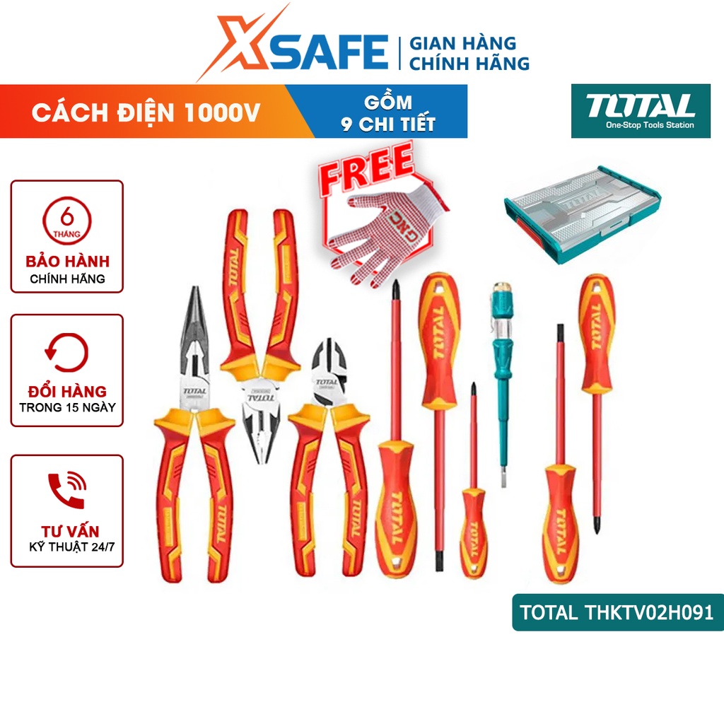Bộ 9 công cụ cầm tay cách diện TOTAL THKTV02H091 cách điện, hợp kim cao cấp, dùng mở siết vít, an toàn tuyệt đối