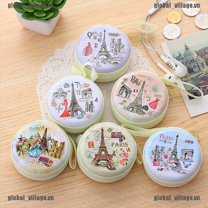 Túi đựng tiền mini cầm tay hình tròn in tháp Eiffel dễ thương xinh xắn