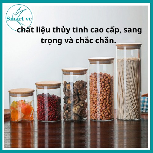 Lọ thủy tinh nắp gỗ, hũ thủy tinh đựng gia vị  phong cách Bắc Âu, đựng đường, hạt, đồ khô an toàn, sạch sẽ Deli