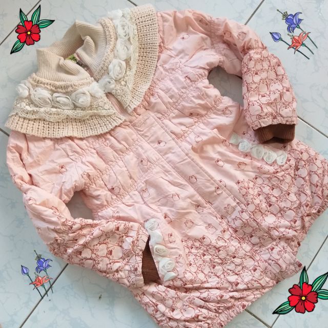 Áo phao bé gái phối cổ len đính hoa ( 35 - 42 kg)