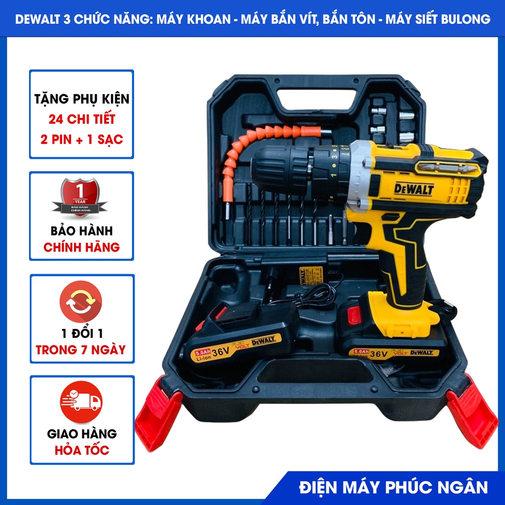 Máy khoan pin 36v, khoan pin Dewalt 3 chức năng, Máy bắn vít, khoan gỗ, sắt, siết bulong. Tặng bộ 24 phụ kiện.