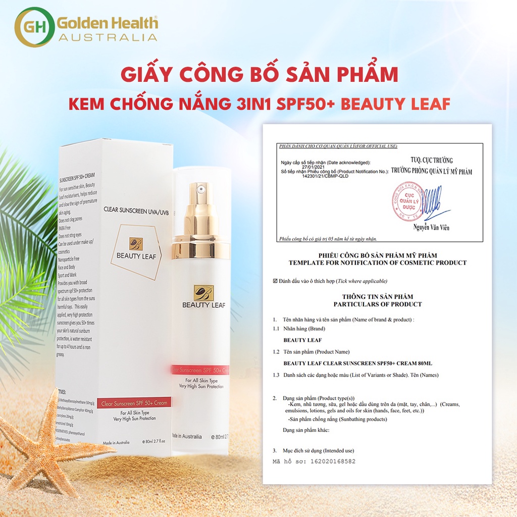 [GOLDEN HEALTH] Kem chống nắng Beauty Leaf Clear Sunscreen UVA/UVB SPF 50+ (chai 80ml)